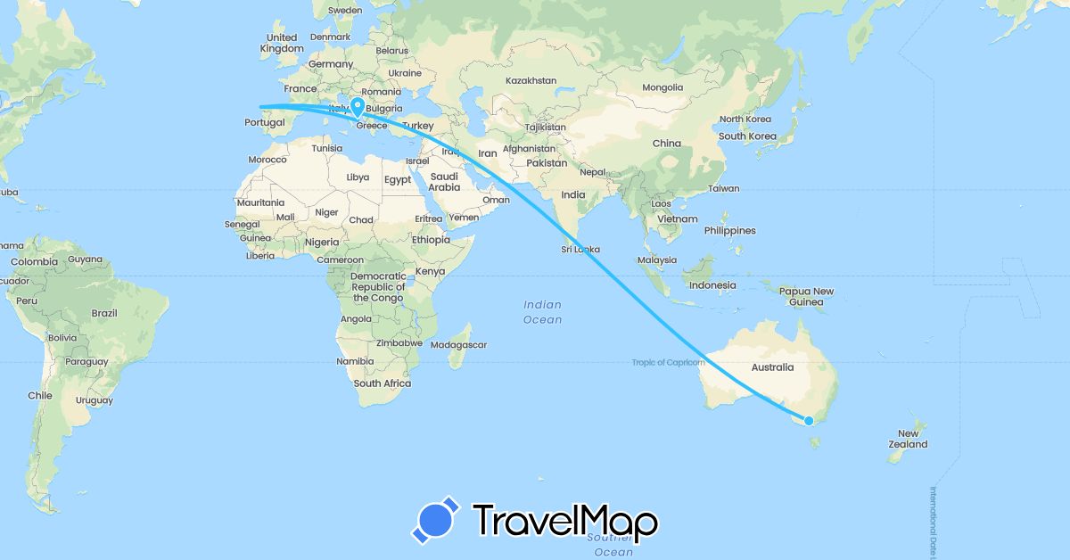TravelMap itinerary: driving, boat in Australia, Spain, Italy (Europe, Oceania)